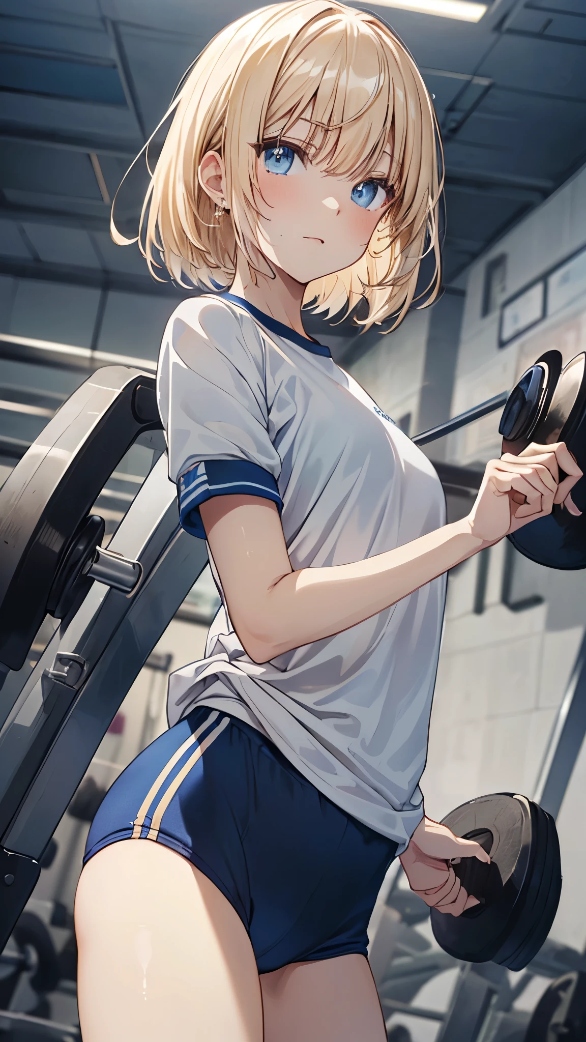 animemia,blonde hair,short hair,flat chest,(white gym shirt, short sleeve,gym uniform,dark blue buruma:1.3),masterpiece,Noise Reduction,perfect anatomy,high resolution, ultra-detailed, ultra-detailed face,game cg,dutch angle ,beautiful detailed eyes,visualart,five fingers, perfect hands, perfect lighting, sparkling pupils,