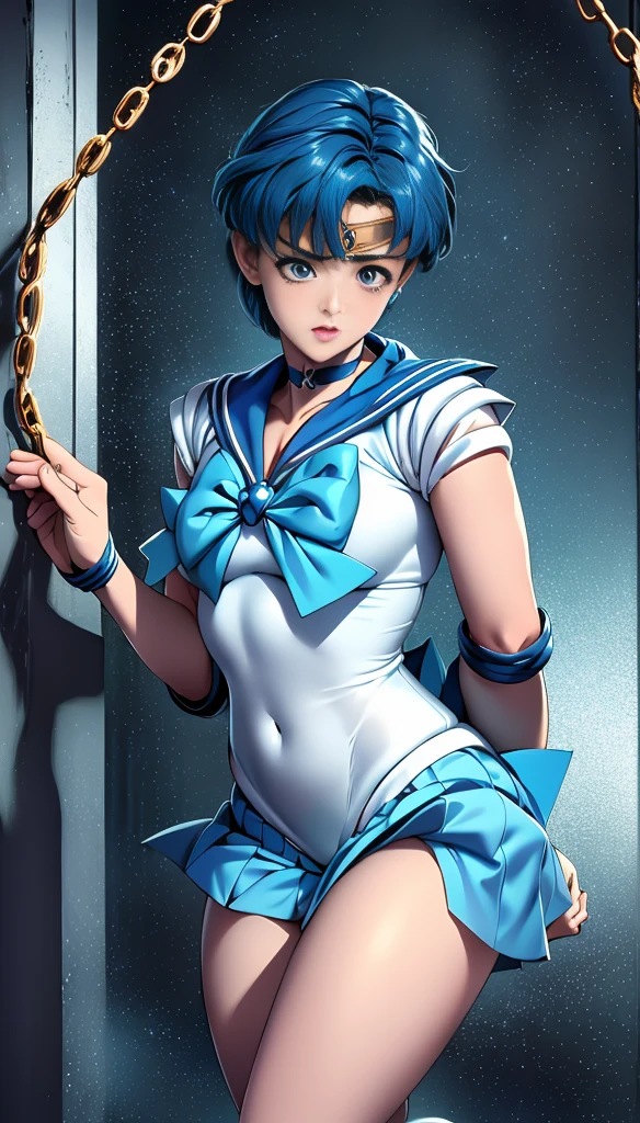 Beauty,  very cute face, Excellent ratio, Highest quality, masterpiece, 8k, A soft look ( Sailor Mercury,  attention to detail, delicate details) Full body shot of a man bound in a hexagonal knot with chains.