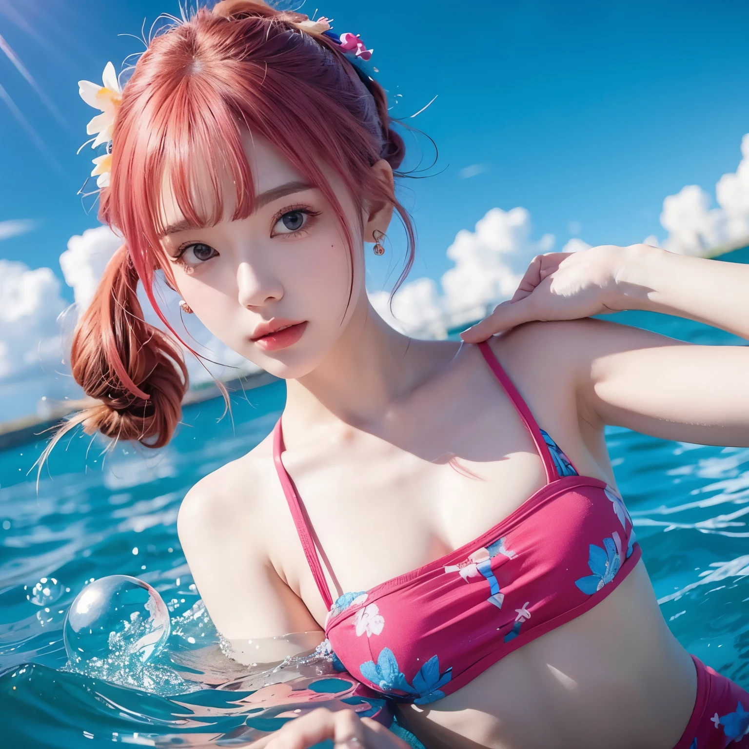  beautiful and detailed eyes , Beautiful face , floating,(High Saturation),( colorful splashes),Colorful bubbles,(shining),  facial focus, Ponytail,Bangs, Hair band, Floating flowers , Floating hair, (shining), Optimal lighting,  BEST SHADOW ,Pink hair，Red lipstick，beautiful hair accessories，blue earrings 