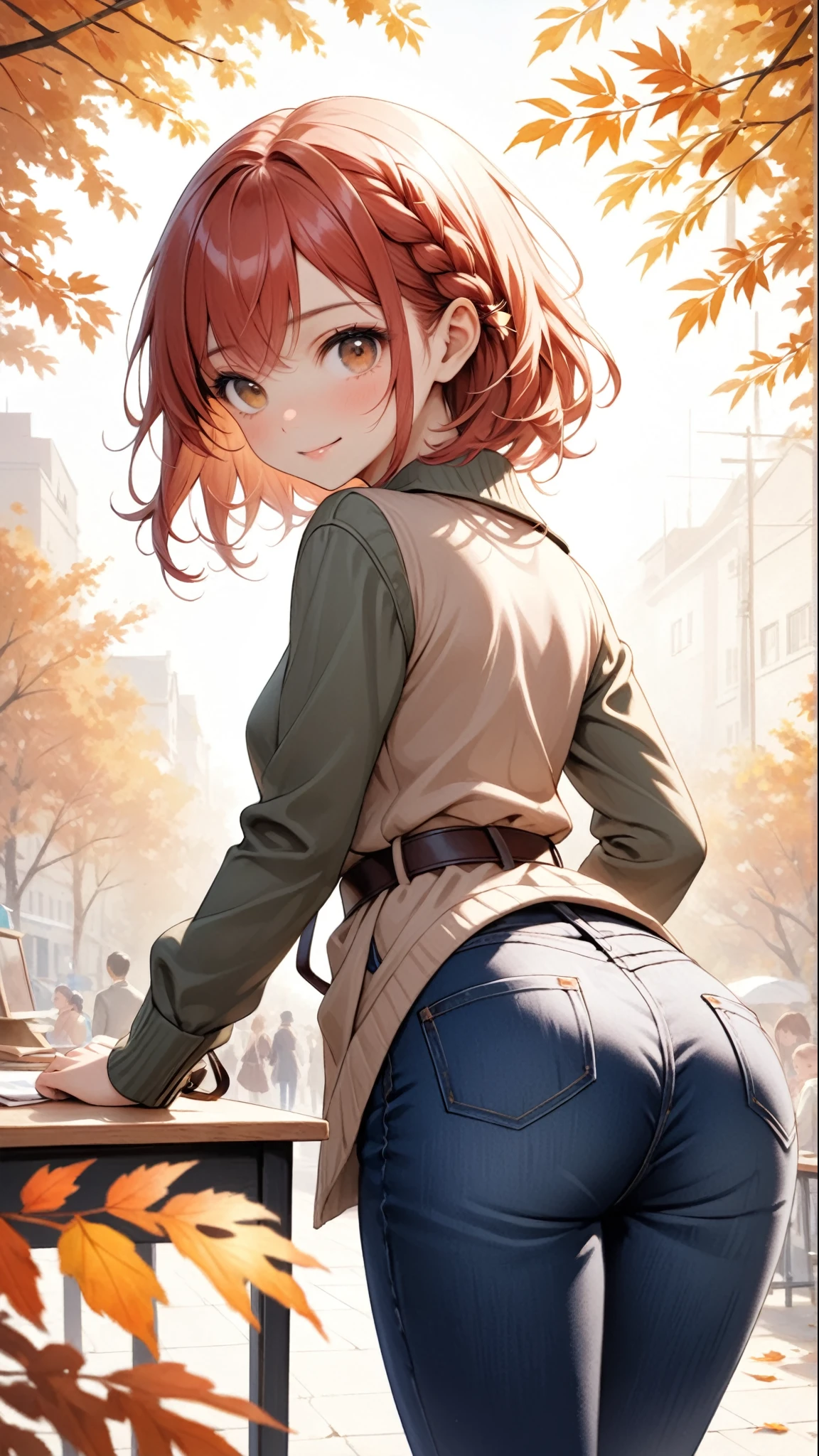 Best Quality, face focus , soft light, super high resolution , ( Photo Realistic :1.4), RAW Photos, 1 Japanese Girl, solo, cute, ( medium shot :0.5), ( Brown Eyes , Light in the eyes), Detailed Beautiful Face , masterpiece, best quality, ultra-detailed,(Small breasts), ( High Resolution Details of Human Skin Texture), ( french braid, dutch braid hair), Autumn red hair,break, In the classroom,on all fours,butt in the front,head in the back,from behind, doggystyle,Contempt, naughty face, smirk,BREAK
, A chic autumn outfit with a fitted olive green trench coat that falls to mid-thigh, featuring a subtle sheen and a belted waist that accentuates the silhouette. Underneath, a light oatmeal-colored knit sweater with a loose fit and a modest crew neck provides warmth and a soft contrast against the coat. Paired with high-waisted dark indigo jeans that taper at the ankles, giving a sleek, modern look. The jeans have a slight distressed detailing, adding a touch of casual flair. On the feet, classic black leather Chelsea boots with a slight heel and a polished finish lend sophistication and practicality. Accessories include a deep burgundy wool fedora with a subtle ribbon, adding a pop of color and style to the ensemble. A small crossbody bag in rich caramel leather completes the look, its minimalist design enhancing the overall sophisticated yet laid-back vibe of the outfit. The entire outfit balances modernity and comfort, perfect for a stylish autumn day out.