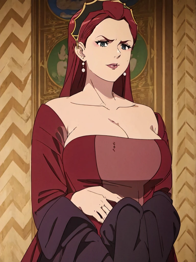 ((Farmer outfit with cleavage)), maroon hair, Gilf, busty, huge, cleavage, detailed, upperbody, wringkle skin,Sagging breast,Fullbody view,wedding ring,Smile,((Wedding Ring)),Detailed body,Hyper Quality,Sign of Aging,Curvy figure,Bloated belly,Skindentation,Wringkle in face,Gorgeous and sultry busty athletic (thin) peasant with sharp facial features wearing a modest updo, messy bun, medieval cap, (wimple), shawl, coarse wool dress, rough-spun grey and brown medieval dress, long sleeves, wide neck, long dress, tight bodice, corset, Middle Ages, cottage, farm, exterior, trees, countryside, evening, sunset,blue drop earring,Wedding ring,slicked bang hair,Solo,1girl,Eyeshadow,Heavy make up,Long nail,Many jewel rings,Madam,Matured women