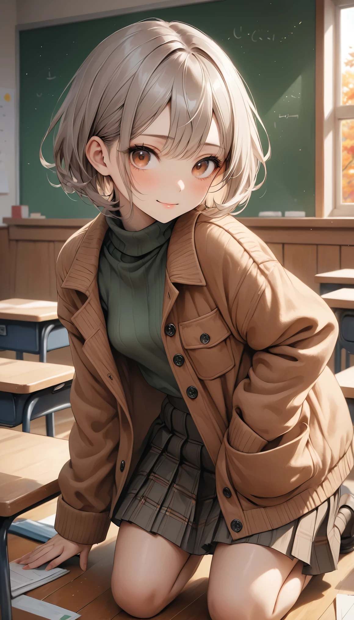 Best Quality, face focus , soft light, super high resolution , ( Photo Realistic :1.4), RAW Photos, 1 Japanese Girl, solo, cute, ( medium shot :0.5), ( Brown Eyes , Light in the eyes), Detailed Beautiful Face , masterpiece, best quality, ultra-detailed, A stylish autumn outfit with a cozy, slightly oversized caramel brown corduroy jacket that falls just below the waist, featuring large front pockets and chunky tortoiseshell buttons. Underneath, a warm beige oversized turtleneck sweater with a high, folded collar adds a layer of comfort and style. Paired with a mid-length pleated skirt in classic autumn plaid, combining deep forest green,(Small breasts), ( High Resolution Details of Human Skin Texture), ( short bob hair),asymmetrical bangs, Ash gray hair,break, In the classroom,on all fours,butt in the front,head in the back,from behind, doggystyle,Contempt, naughty face, smirk