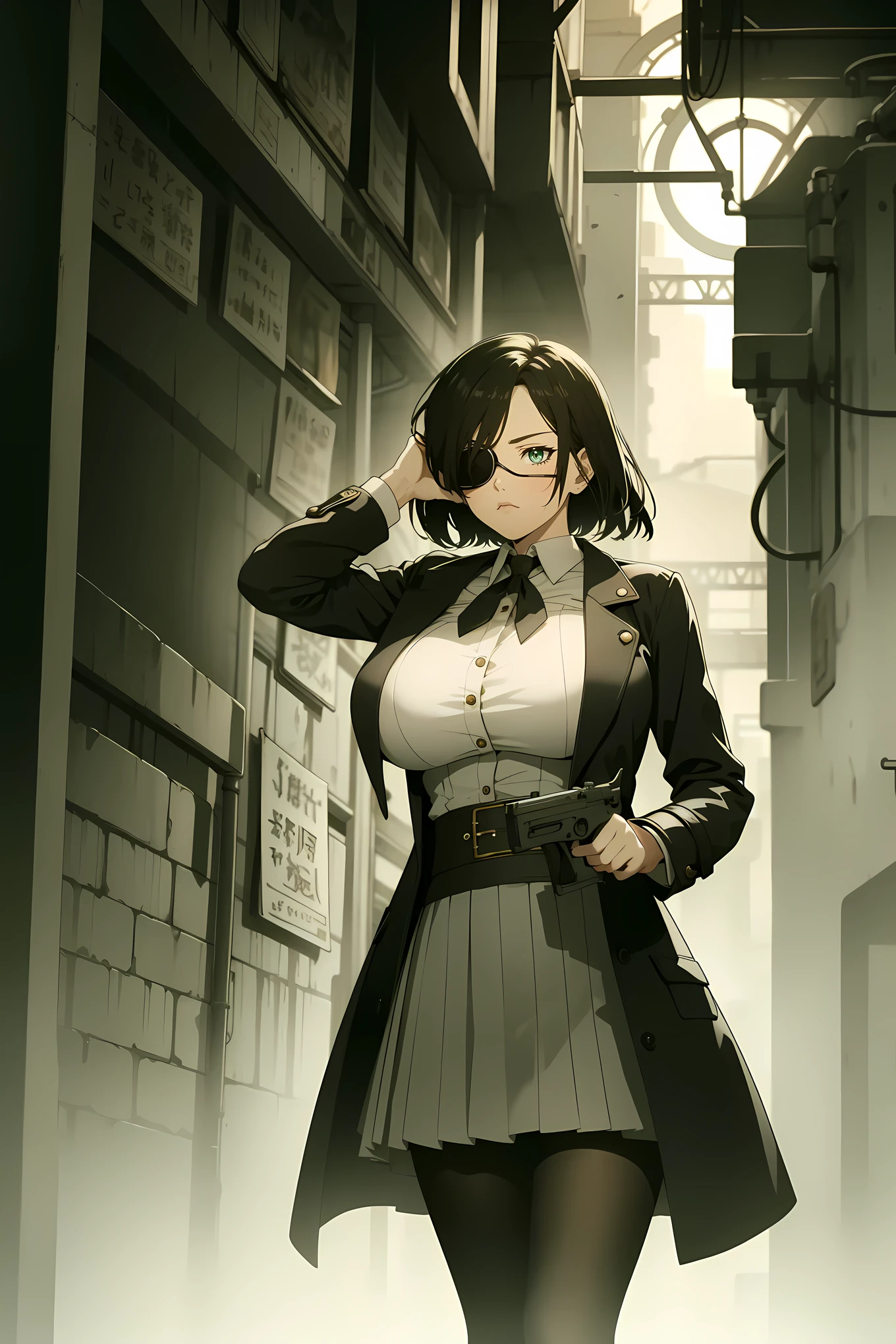 secret agent,hand gun,eyepatch,black hair,emerald eyes,gigantic breasts,long coat,blouse,skirt,pantyhose,dystopia,foggy,gothic steampunk, masterpiece,ultra detailed,absurdres,time stop,impact,volumetric lighting,cinematic lighting 