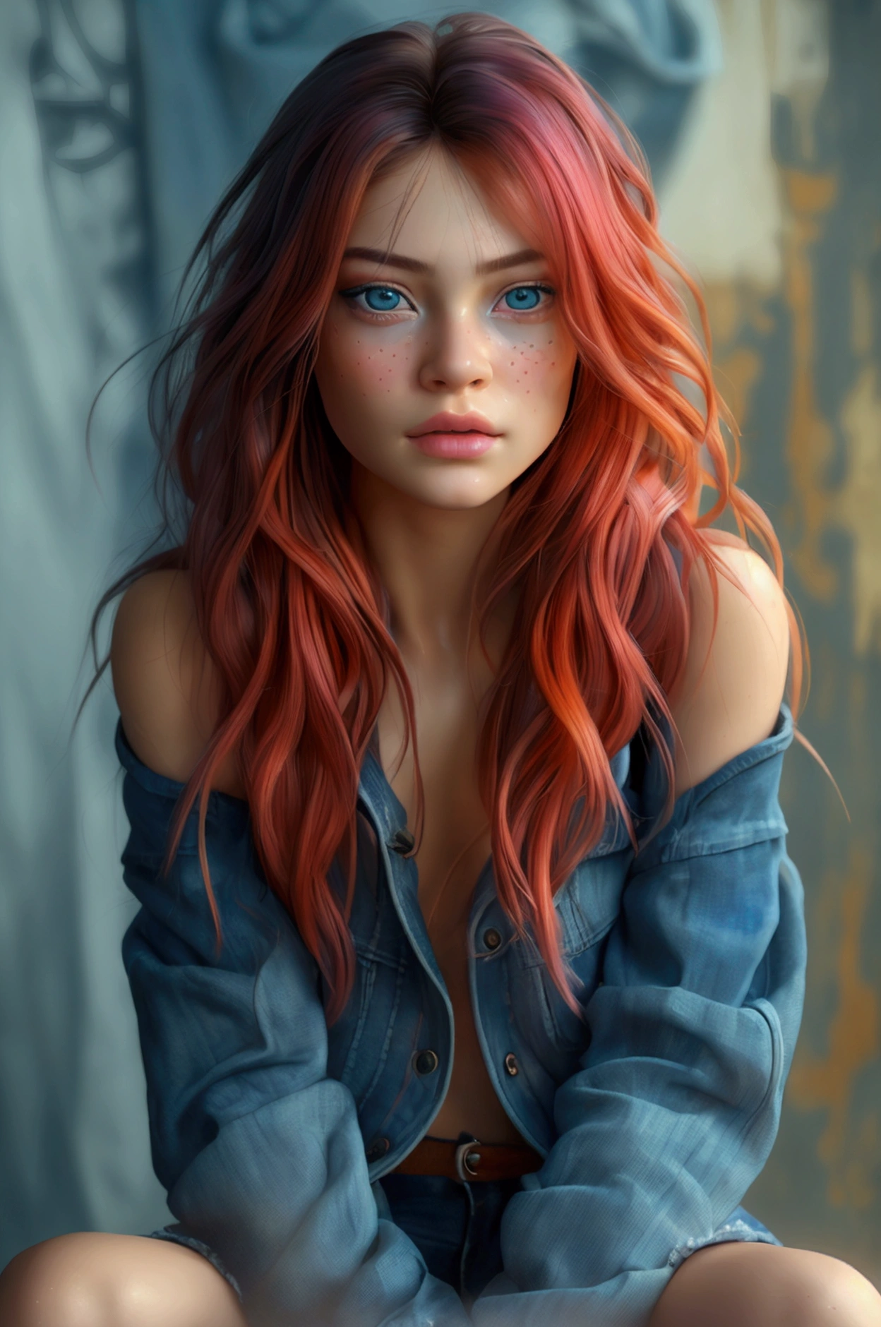 1girl, solo, beautiful detailed eyes, beautiful detailed lips, extremely detailed face and portrait, longeyelashes, photo-realistic, sitting on stool, barefoot, wearing denim jacket, (best quality,4k,8k,highres,masterpiece:1.2),ultra-detailed,(realistic,photorealistic,photo-realistic:1.37),cinematic lighting,dramatic lighting,vibrant colors,detailed background