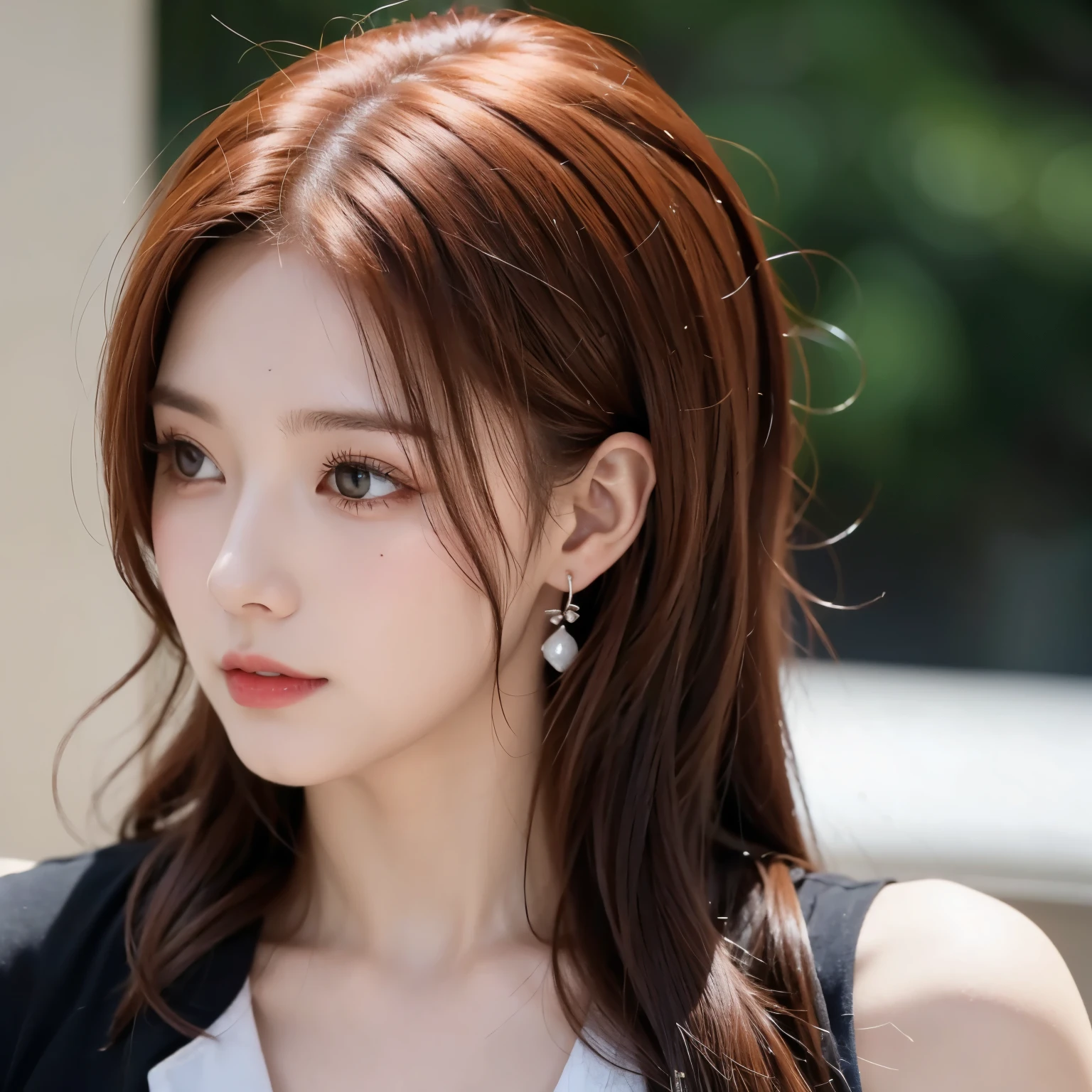  facial focus,Light red hair，High Ponytail，Beautiful earrings， shy expression，