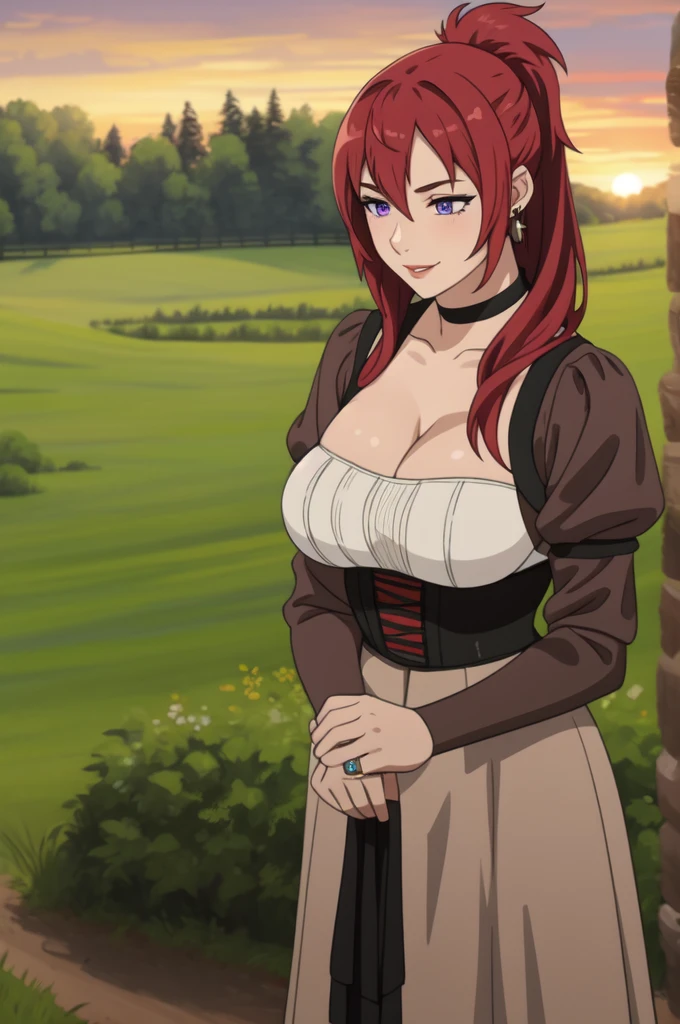 best quality, (masterpiece:1.2), detailed,
1girl, solo, smile,
long hair, red hair, purple eyes, Big breast,Cleavage,Chocker,Gorgeous and sultry busty athletic (thin) peasant with sharp facial,rough-spun grey and brown medieval dress, long sleeves, wide neck, long dress, tight bodice, corset, Middle Ages, cottage, farm, exterior, trees, countryside, evening, sunset,red Lipstic,Wedding ring,Stud earring,Light blush,Super ponytail,Short ponytail