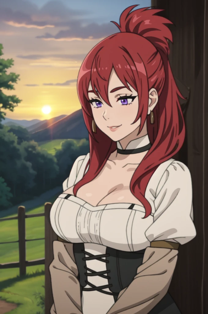 best quality, (masterpiece:1.2), detailed,
1girl, solo, smile,
long hair, red hair, purple eyes, Big breast,Cleavage,Chocker,Gorgeous and sultry busty athletic (thin) peasant with sharp facial,rough-spun grey and brown medieval dress, long sleeves, wide neck, long dress, tight bodice, corset, Middle Ages, cottage, farm, exterior, trees, countryside, evening, sunset,red Lipstic,Wedding ring,Stud earring,Light blush,Super ponytail,Short ponytail