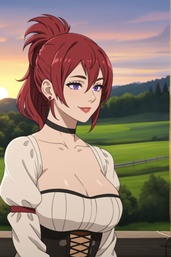 best quality, (masterpiece:1.2), detailed,
1girl, solo, smile,
long hair, red hair, purple eyes, Big breast,Cleavage,Chocker,Gorgeous and sultry busty athletic (thin) peasant with sharp facial,rough-spun grey and brown medieval dress, long sleeves, wide neck, long dress, tight bodice, corset, Middle Ages, cottage, farm, exterior, trees, countryside, evening, sunset,red Lipstic,Wedding ring,Stud earring,Light blush,Super ponytail,Short ponytail