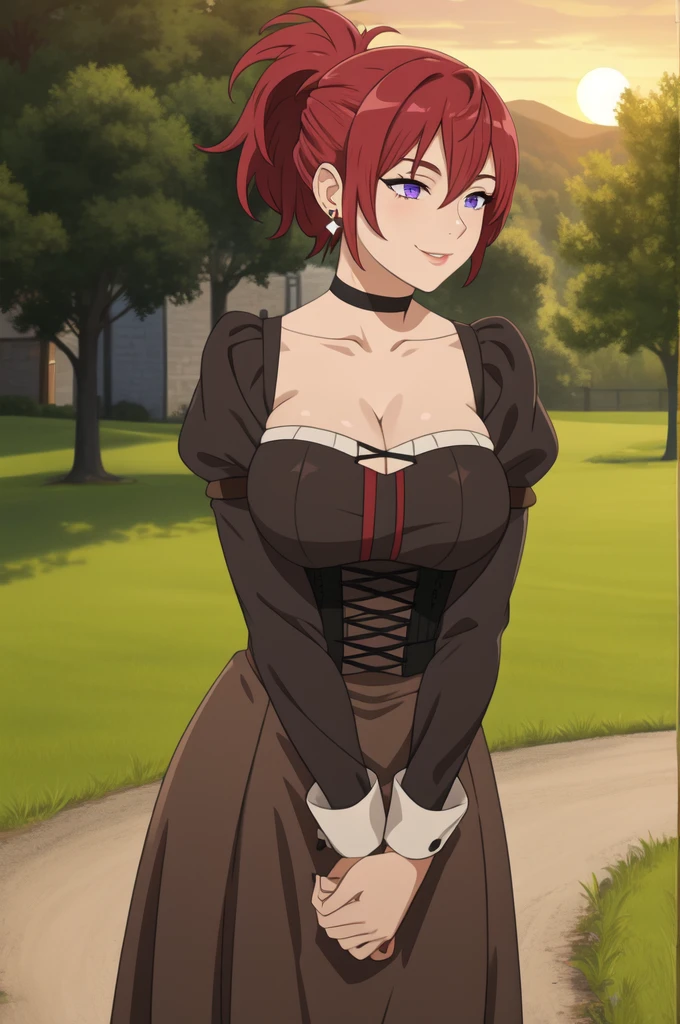 best quality, (masterpiece:1.2), detailed,
1girl, solo, smile,
long hair, red hair, purple eyes, Big breast,Cleavage,Chocker,Gorgeous and sultry busty athletic (thin) peasant with sharp facial,rough-spun grey and brown medieval dress, long sleeves, wide neck, long dress, tight bodice, corset, Middle Ages, cottage, farm, exterior, trees, countryside, evening, sunset,red Lipstic,Wedding ring,Stud earring,Light blush,Super ponytail,Short ponytail