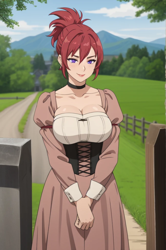 best quality, (masterpiece:1.2), detailed,
1girl, solo, smile,
long hair, red hair, purple eyes, Big breast,Cleavage,Chocker,Gorgeous and sultry busty athletic (thin) peasant with sharp facial,rough-spun grey and brown medieval dress, long sleeves, wide neck, long dress, tight bodice, corset, Middle Ages, cottage, farm, exterior, trees, countryside, evening, sunset,red Lipstic,Wedding ring,Stud earring,Light blush,Super ponytail,Short ponytail