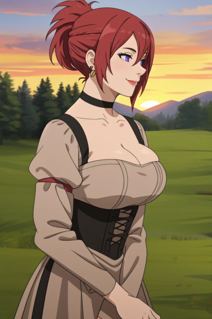 best quality, (masterpiece:1.2), detailed,
1girl, solo, smile,
long hair, red hair, purple eyes, Big breast,Cleavage,Chocker,Gorgeous and sultry busty athletic (thin) peasant with sharp facial,rough-spun grey and brown medieval dress, long sleeves, wide neck, long dress, tight bodice, corset, Middle Ages, cottage, farm, exterior, trees, countryside, evening, sunset,red Lipstic,Wedding ring,Stud earring,Light blush,Super ponytail,Short ponytail