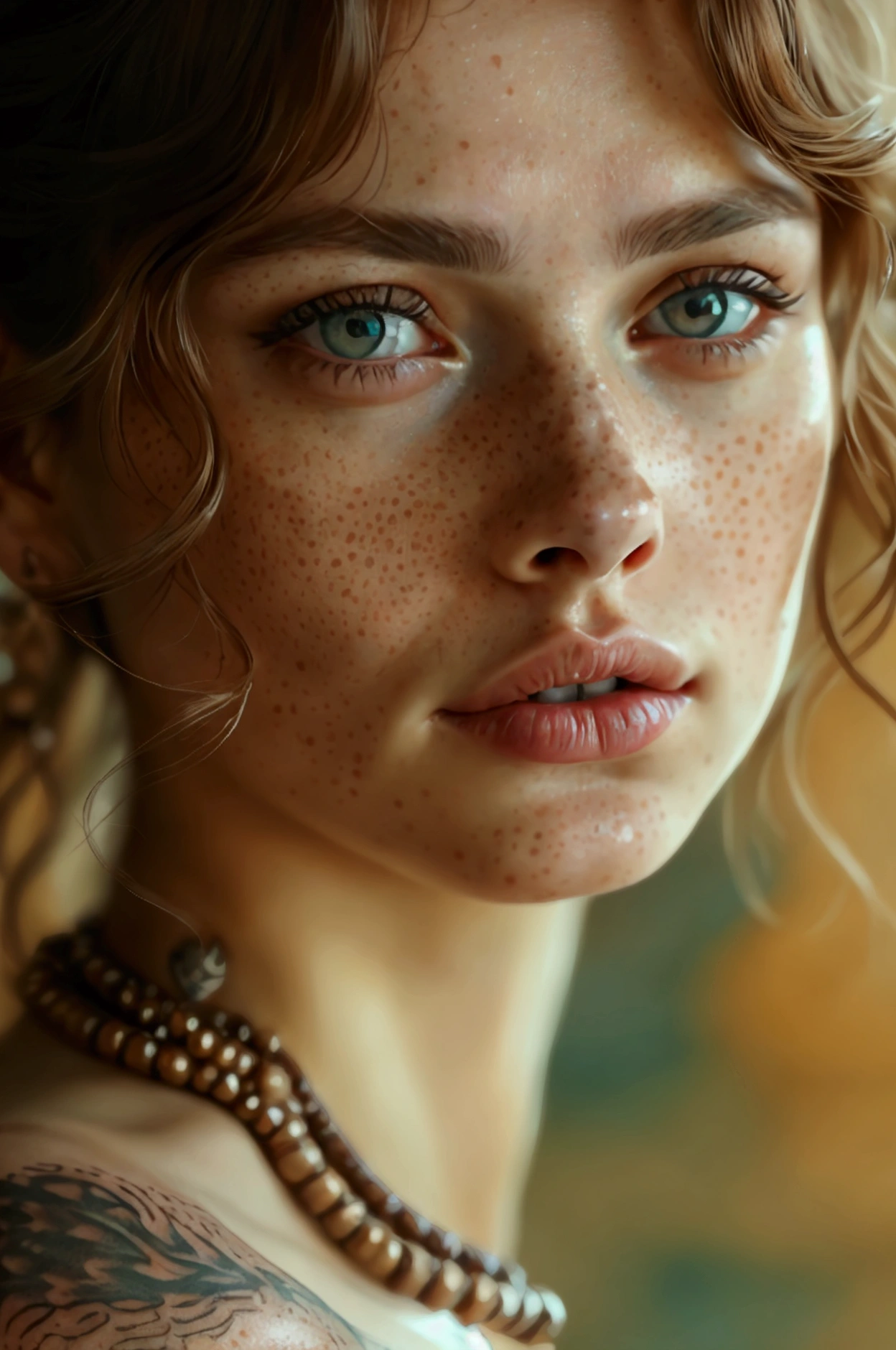 a woman with freckles, necklace, tattoo on chest, detailed face, detailed eyes, detailed lips, beautiful, elegant, graceful, serene expression, soft lighting, warm colors, cinematic, highly detailed, 8k, masterpiece, photorealistic