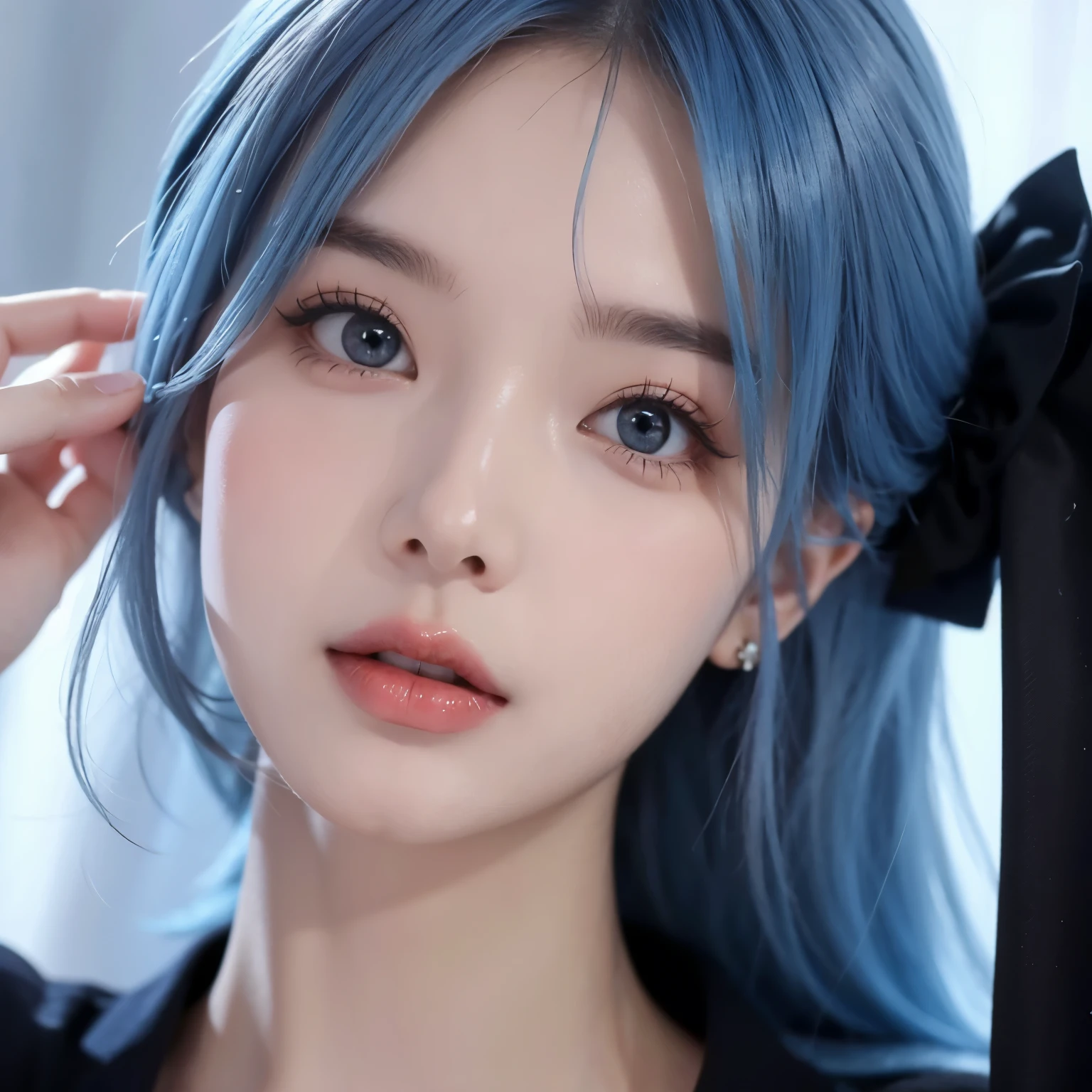  facial focus,Light blue hair，Blue lipstick，blue earrings ，