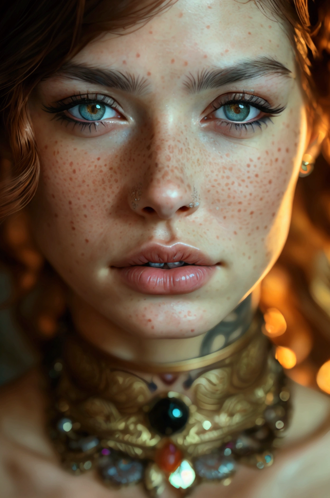 a woman with freckles,necklace,tattoo on chest,beautiful detailed eyes,beautiful detailed lips,extremely detailed face,long eyelashes,photorealistic,highres,8k,cinematic lighting,warm color tones,intricate details,delicate skin,detailed jewelry,masterpiece