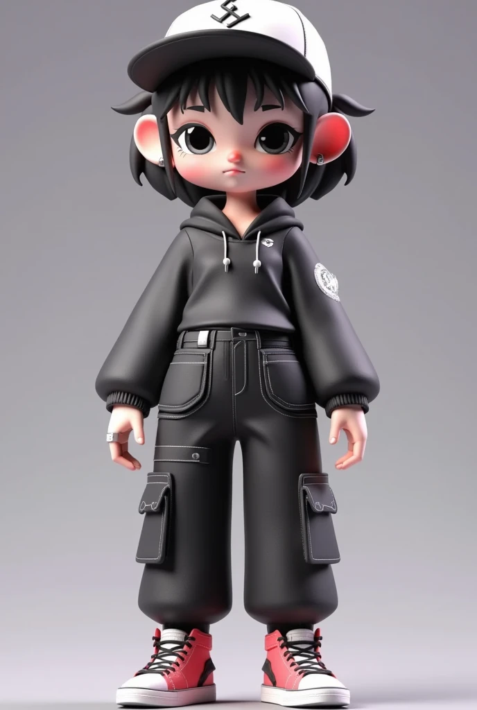 (masterpiece,  has the best quality:1.2), 1 Girl,Fashion，Big pockets on pants，hat，Cute 3D ， model figure，cool，  unique，Chibi doll