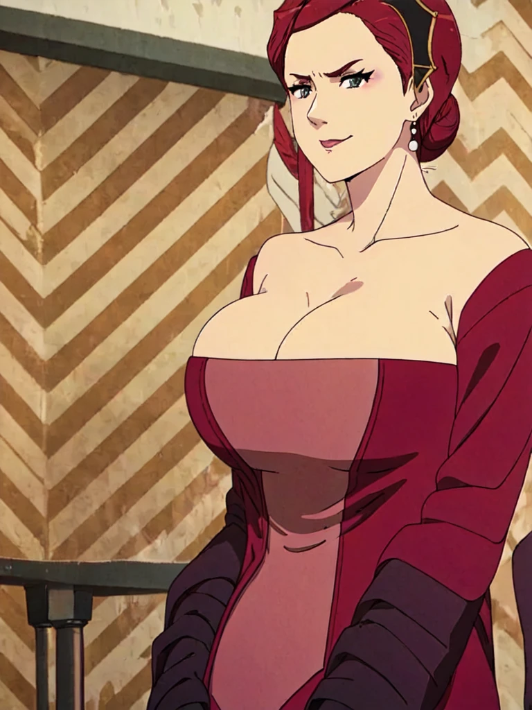 ((Farmer outfit with cleavage)), maroon hair, Gilf, busty, huge, cleavage, detailed, upperbody, wringkle skin,Sagging breast,Fullbody view,wedding ring,Smile,((Wedding Ring)),Detailed body,Hyper Quality,Sign of Aging,Curvy figure,Bloated belly,Skindentation,Wringkle in face,Gorgeous and sultry busty athletic (thin) peasant with sharp facial features wearing a modest updo, messy bun, medieval cap, (wimple), shawl, coarse wool dress, rough-spun grey and brown medieval dress, long sleeves, wide neck, long dress, tight bodice, corset, Middle Ages, cottage, farm, exterior, trees, countryside, evening, sunset,blue drop earring,Wedding ring,slicked bang hair,Solo,1girl,Eyeshadow,Heavy make up,Long nail,Many jewel rings,Madam,Matured women