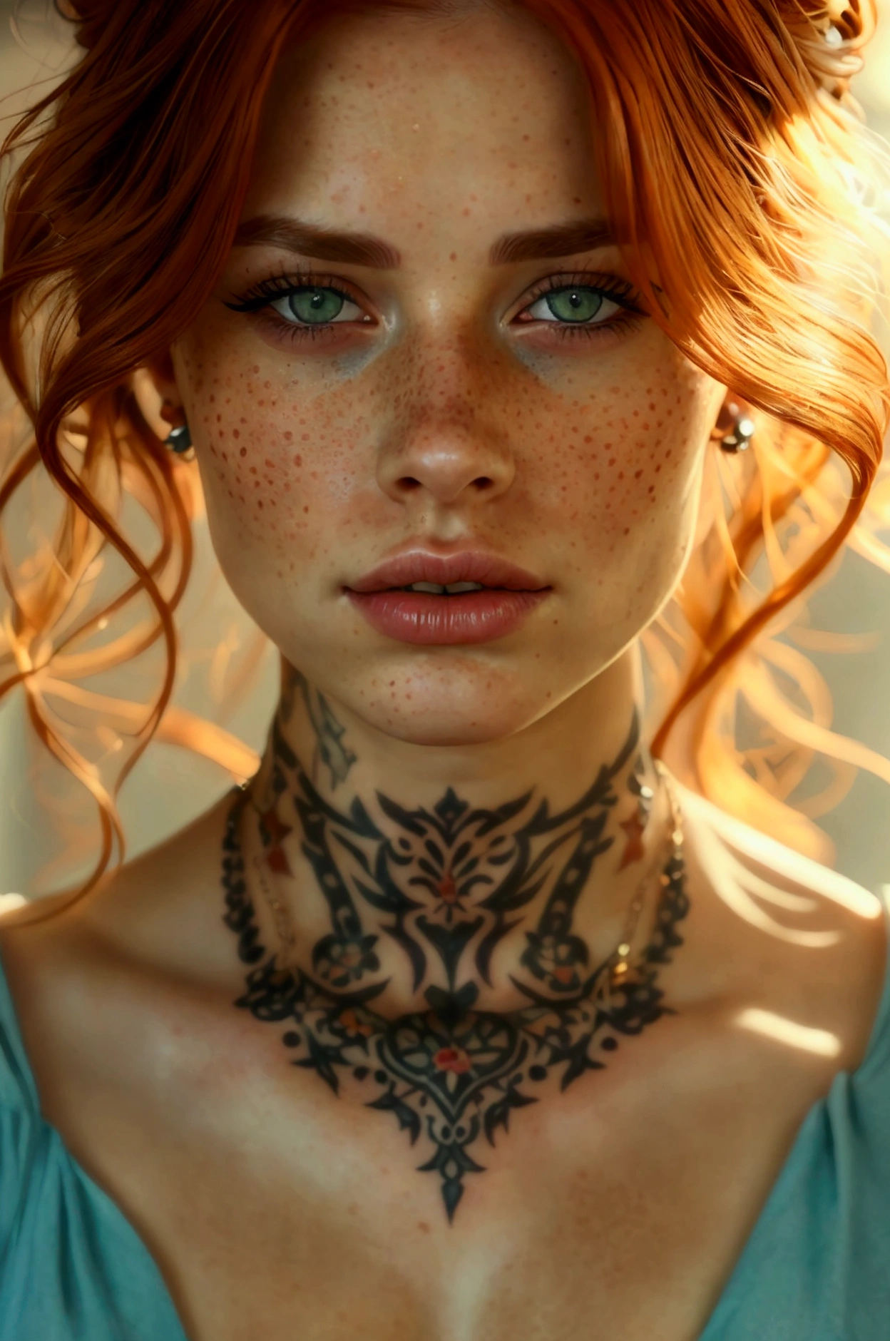 a woman with freckles, necklace, tattoo on chest, beautiful detailed eyes, beautiful detailed lips, extremely detailed face, long eyelashes, auburn hair, fair skin, intricate jewelry, chest tattoo design, warm lighting, cinematic composition, vibrant colors, photorealistic, 8k, high quality, masterpiece, digital art