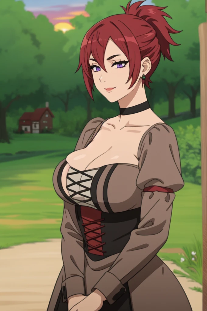 best quality, (masterpiece:1.2), detailed,
1girl, solo, smile,
long hair, red hair, purple eyes, Big breast,Cleavage,Chocker,Gorgeous and sultry busty athletic (thin) peasant with sharp facial,rough-spun grey and brown medieval dress, long sleeves, wide neck, long dress, tight bodice, corset, Middle Ages, cottage, farm, exterior, trees, countryside, evening, sunset,red Lipstic,Wedding ring,Stud earring,Light blush,Super ponytail,Short ponytail