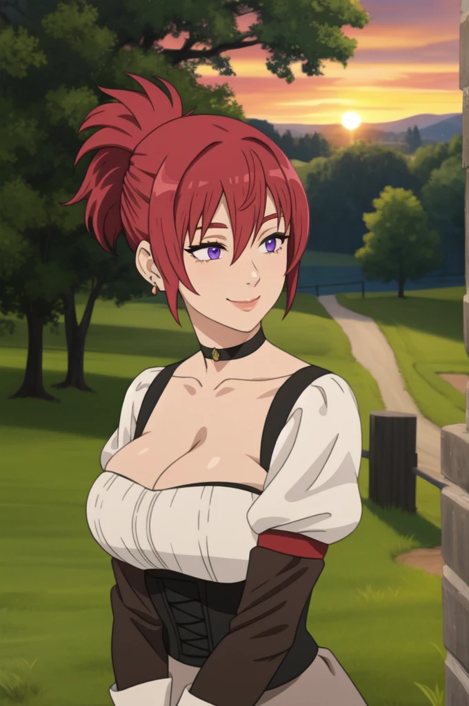 best quality, (masterpiece:1.2), detailed,
1girl, solo, smile,
long hair, red hair, purple eyes, Big breast,Cleavage,Chocker,Gorgeous and sultry busty athletic (thin) peasant with sharp facial,rough-spun grey and brown medieval dress, long sleeves, wide neck, long dress, tight bodice, corset, Middle Ages, cottage, farm, exterior, trees, countryside, evening, sunset,red Lipstic,Wedding ring,Stud earring,Light blush,Super ponytail,Short ponytail