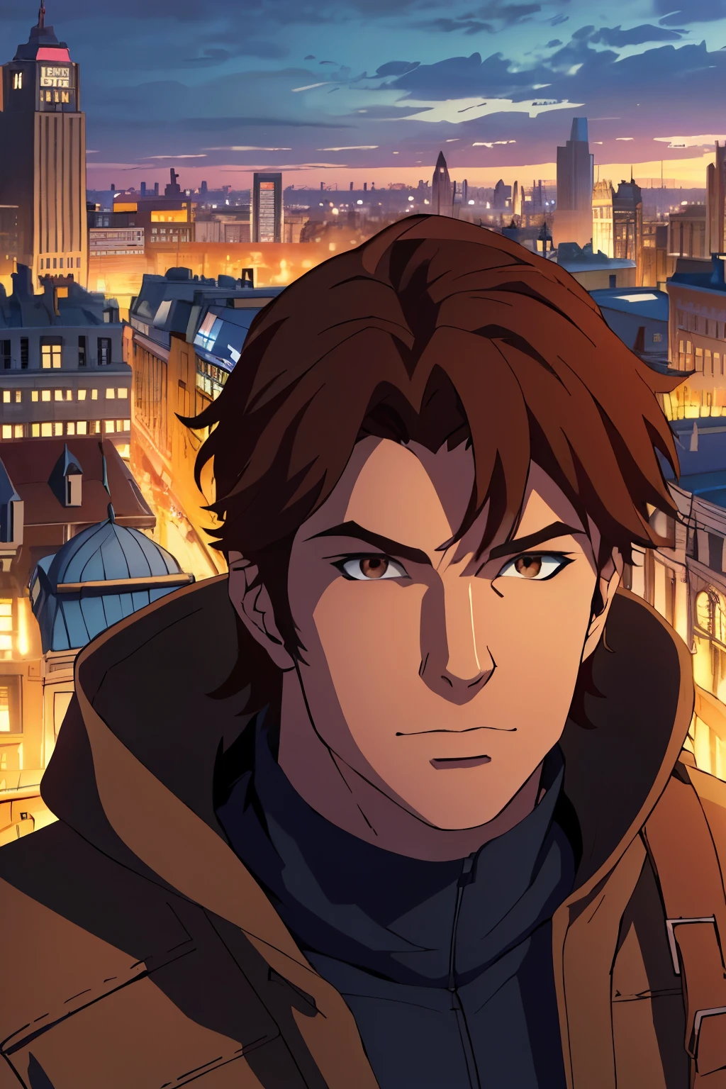 Masterpiece, Best Quality, Ultra-Detailed, 1man, solo, brown hair, dark brown eyes, skar on left cheek, city background, looking at viewer, half body shot