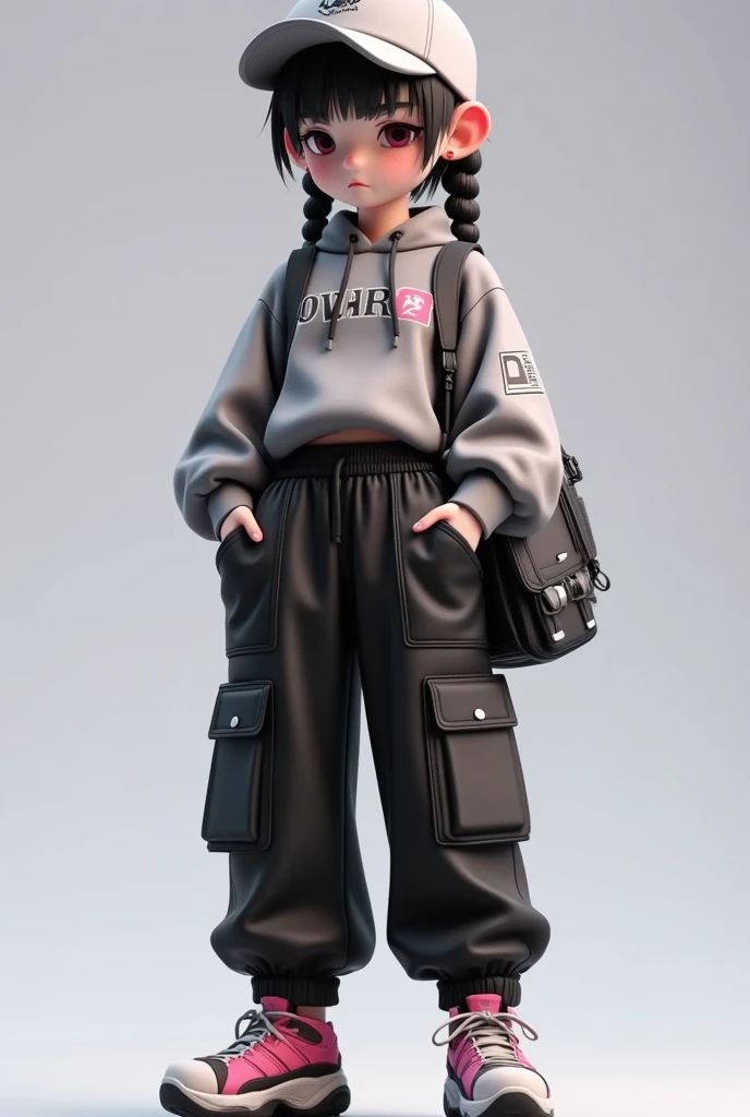 (masterpiece,  has the best quality:1.2), 1 Girl,Fashion， loose clothing，Big pockets on pants，hat，Cute 3D ， model figure，cool，  unique，