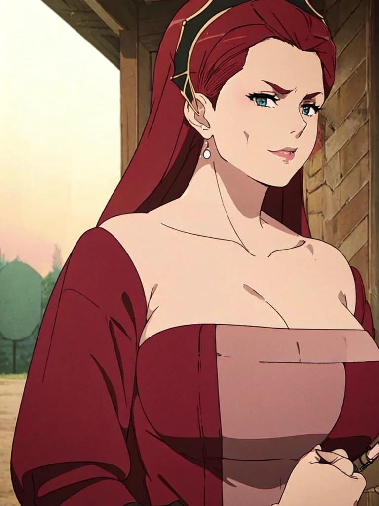 ((Farmer outfit with cleavage)), maroon hair, Gilf, busty, huge, cleavage, detailed, upperbody, wringkle skin,Sagging breast,Fullbody view,wedding ring,Smile,((Wedding Ring)),Detailed body,Hyper Quality,Sign of Aging,Curvy figure,Bloated belly,Skindentation,Wringkle in face,Gorgeous and sultry busty athletic (thin) peasant with sharp facial features wearing a modest updo, messy bun, medieval cap, (wimple), shawl, coarse wool dress, rough-spun grey and brown medieval dress, long sleeves, wide neck, long dress, tight bodice, corset, Middle Ages, cottage, farm, exterior, trees, countryside, evening, sunset,blue drop earring,Wedding ring,slicked bang hair,Solo,1girl,Eyeshadow,Heavy make up,Long nail,Many jewel rings,Madam,Matured women