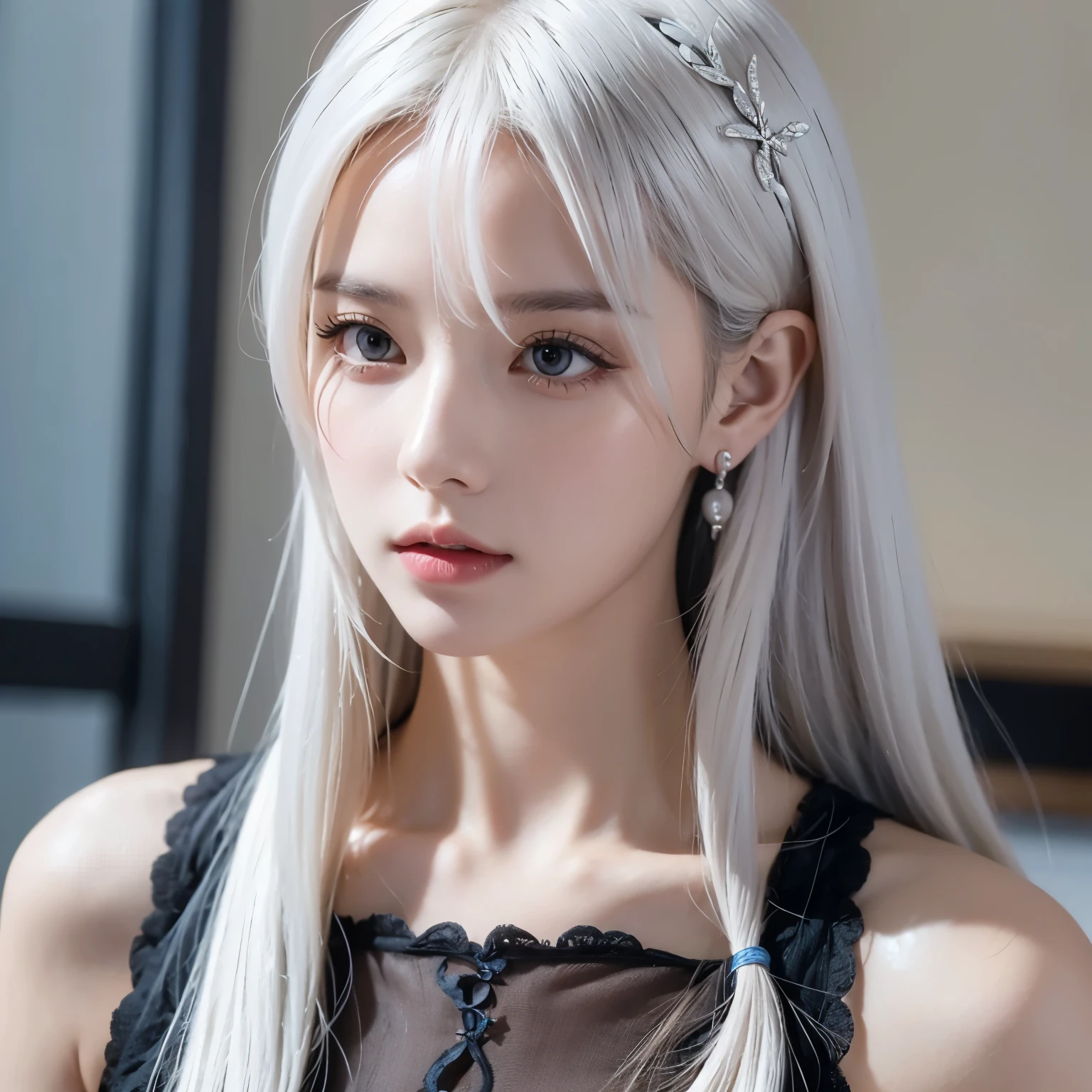  facial focus,earrings， long white hair，An unintelligible look ，