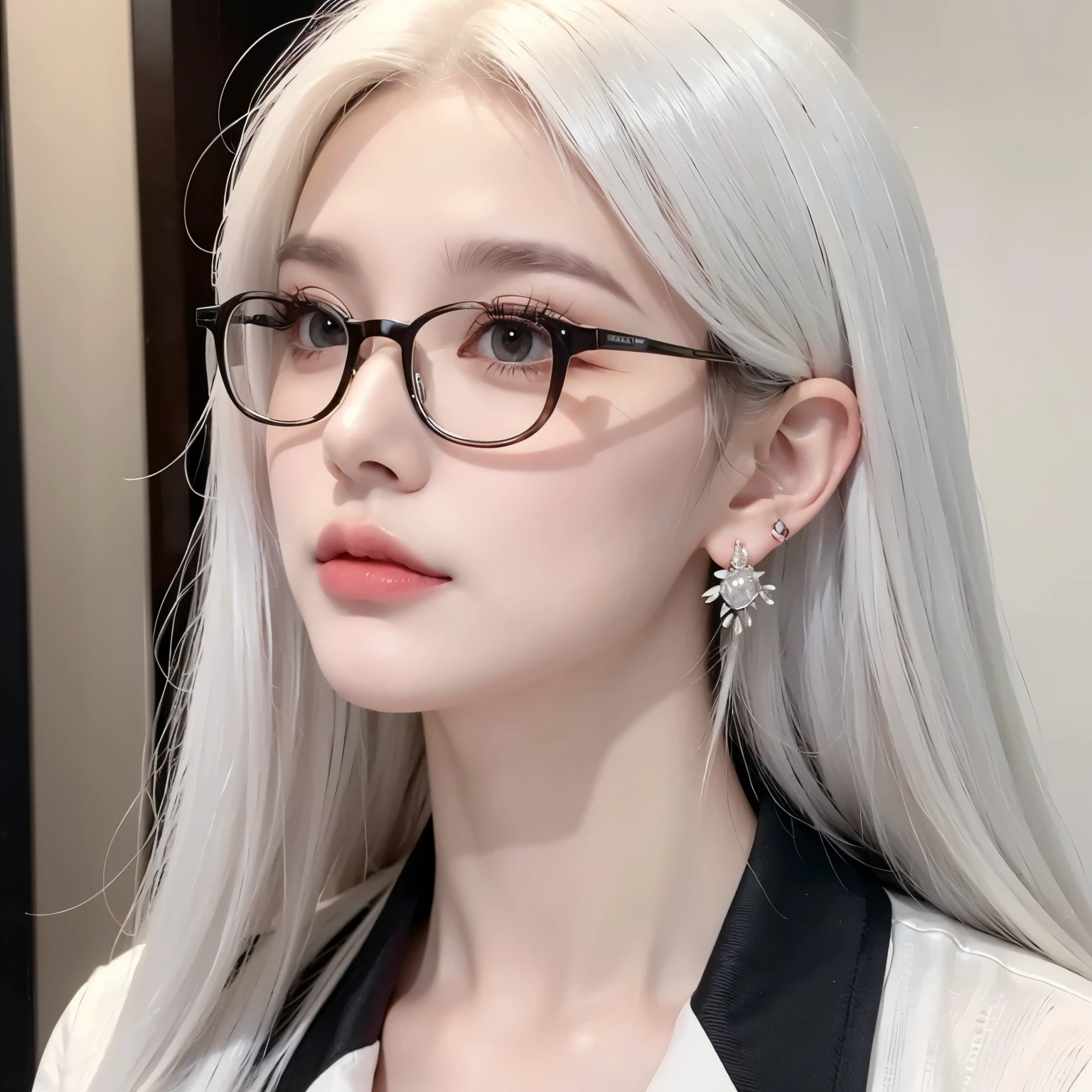  facial focus,earrings， long white hair，An unintelligible look ，Wearing glasses