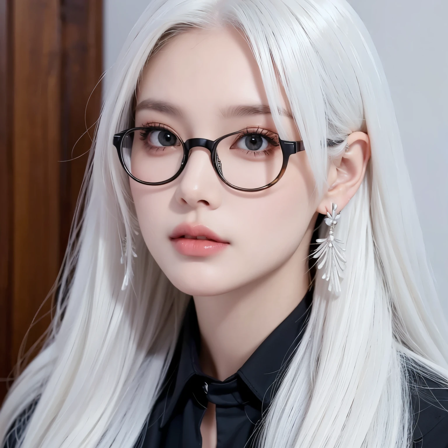  facial focus,earrings， long white hair，An unintelligible look ，Wearing glasses