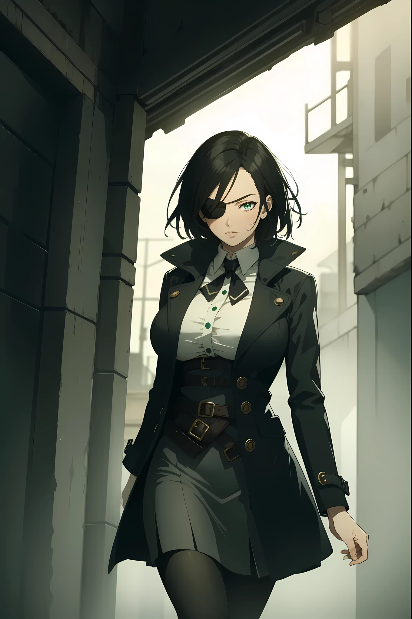 secret agent,hand gun,eyepatch,black hair,emerald eyes,gigantic breasts,long coat,blouse,skirt,pantyhose,dystopia,foggy,gothic steampunk, masterpiece,ultra quality,extreme detailed,absurdres,time stop,impact,volumetric lighting,cinematic lighting 