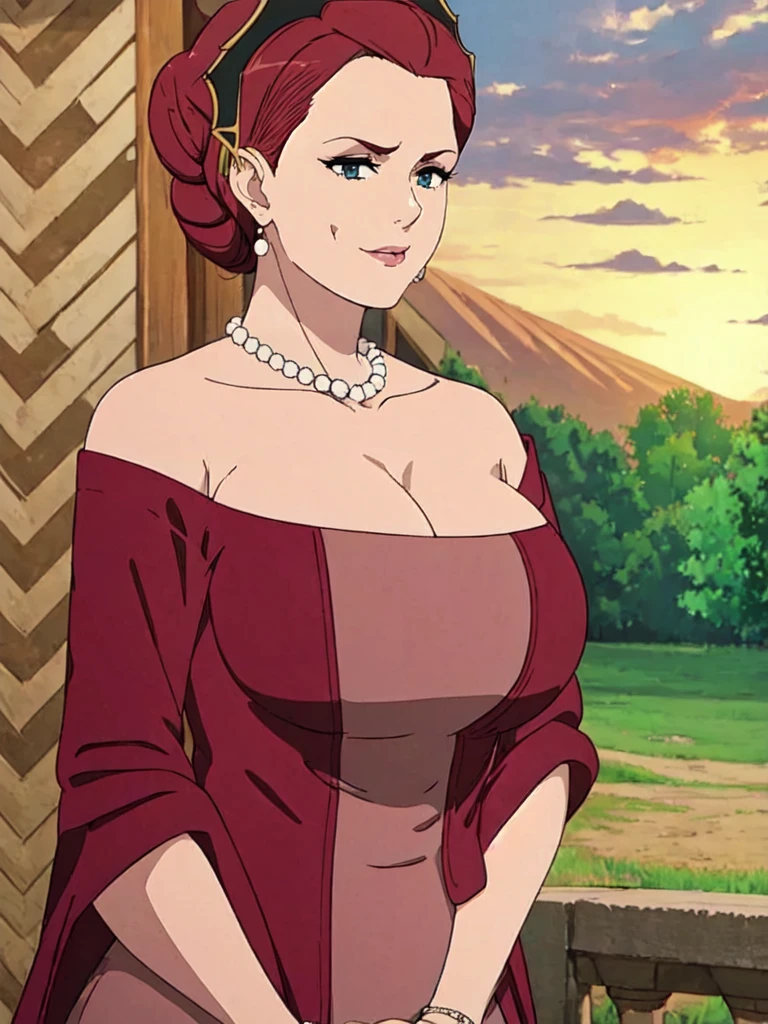 ((Farmer outfit with cleavage)), maroon hair, Gilf, busty, huge, cleavage, detailed, upperbody, wringkle skin,Sagging breast,Fullbody view,wedding ring,Smile,((Wedding Ring)),Detailed body,Hyper Quality,Sign of Aging,Curvy figure,Bloated belly,Skindentation,Wringkle in face,Gorgeous and sultry busty athletic (thin) peasant with sharp facial features wearing a modest updo, messy bun, medieval cap, (wimple), shawl, coarse wool dress, rough-spun grey and brown medieval dress, long sleeves, wide neck, long dress, tight bodice, corset, Middle Ages, cottage, farm, exterior, trees, countryside, evening, sunset,blue drop earring,Wedding ring,slicked bang hair,Solo,1girl,Eyeshadow,Heavy make up,Long nail,Many jewel rings,Madam,Matured women