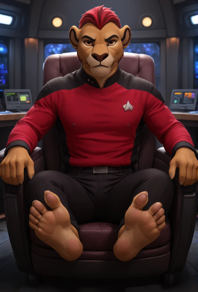 (((Barefoot furry character, full body, cinematic setting, furry boy, anthro lion, plantigrade))), (((anime))). beefy, muscular (((Kion))), (((younger Kion wearing red TNG uniform))), black shoulders, black pants, focused, determined, ((nice detailed feet paws with claws))), (((four toes))), short red hair, red tip of a tail, (((correct anatomy))) (((sitting in captain chair in command center of starship, bridge of the starship))), (((showing his soles to viewer))), (((bottoms of feet paws towards viewer))), (((soles with pawpads towards viewer))) . BREAK, intricate details, highly detailed, extreme detail, octane render, fine art, best quality, highres, (detailed face:1.5), ((full_body)), UHD, (((perfect hands))), ((low light:1.5))