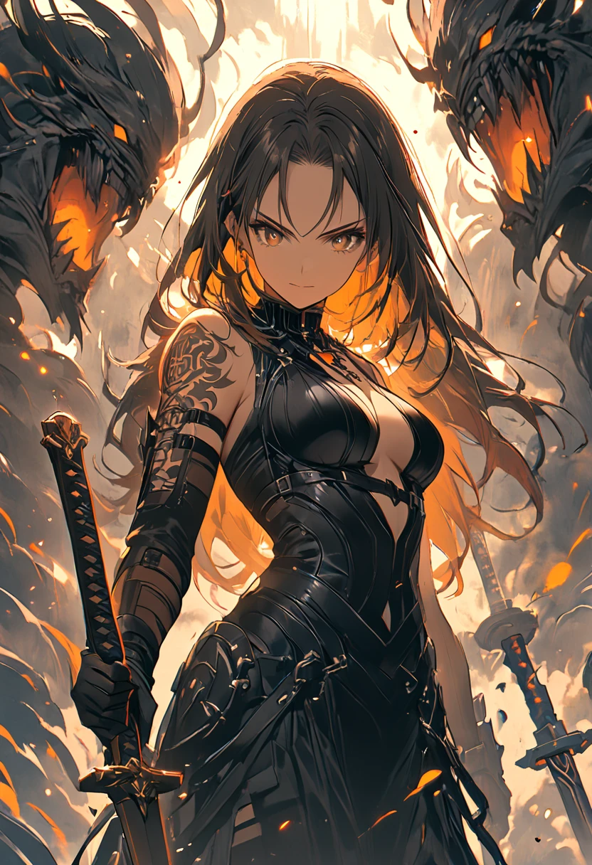 Woman ready to battle, sword in hand, revealing outfit, tattoo, badass pose, monster surrounded 