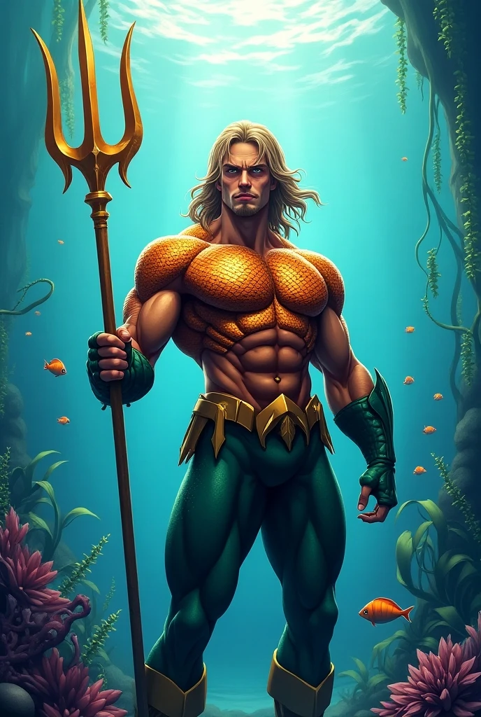 Aquaman, long blonde hair, holding a golden trident, powerful stance