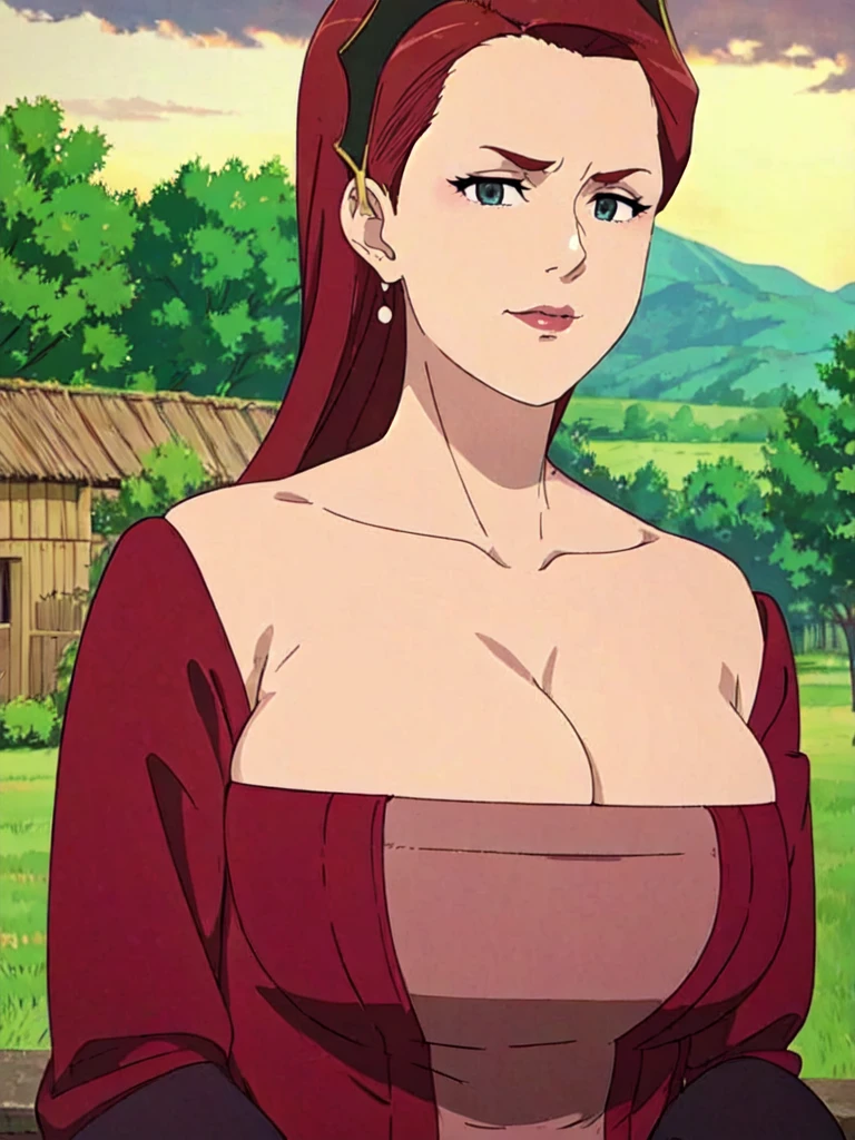 ((Farmer outfit with cleavage)), maroon hair, Gilf, busty, huge, cleavage, detailed, upperbody, wringkle skin,Sagging breast,Fullbody view,wedding ring,Smile,((Wedding Ring)),Detailed body,Hyper Quality,Sign of Aging,Curvy figure,Bloated belly,Skindentation,Wringkle in face,Gorgeous and sultry busty athletic (thin) peasant with sharp facial features wearing a modest updo, messy bun, medieval cap, (wimple), shawl, coarse wool dress, rough-spun grey and brown medieval dress, long sleeves, wide neck, long dress, tight bodice, corset, Middle Ages, cottage, farm, exterior, trees, countryside, evening, sunset,blue drop earring,Wedding ring,slicked bang hair,Solo,1girl,Eyeshadow,Heavy make up,Long nail,Many jewel rings,Madam,Matured women