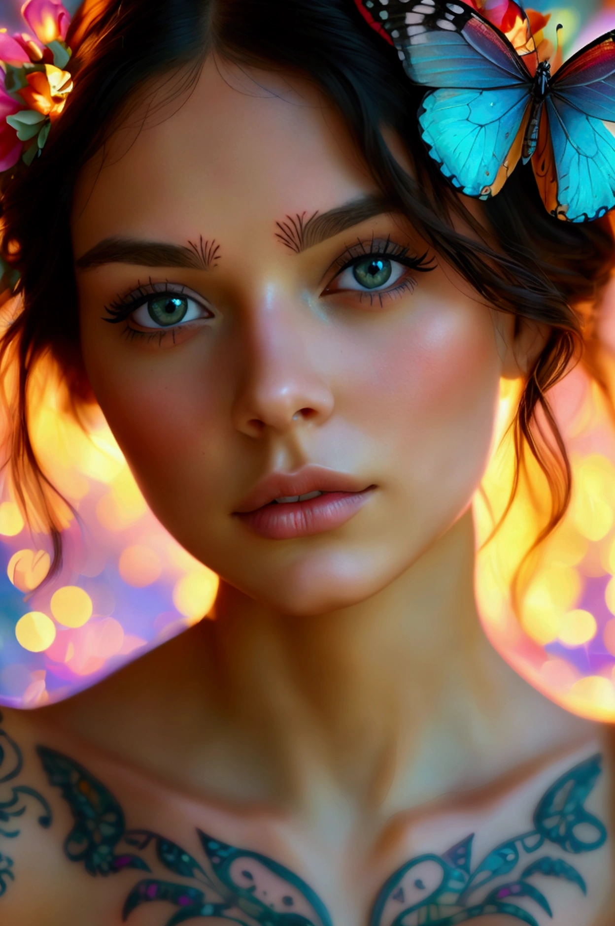 a woman with a beautiful butterfly tattoo on her chest, detailed portrait of a young woman, detailed eyes, detailed lips, detailed face, long eyelashes, realistic, photorealistic, 4k, 8k, highres, masterpiece, ultra-detailed, vivid colors, natural lighting, digital art, highly detailed, cinematic lighting, dynamic composition, elegant, serene, ethereal, delicate, graceful, intricate tattoo design, intricate details