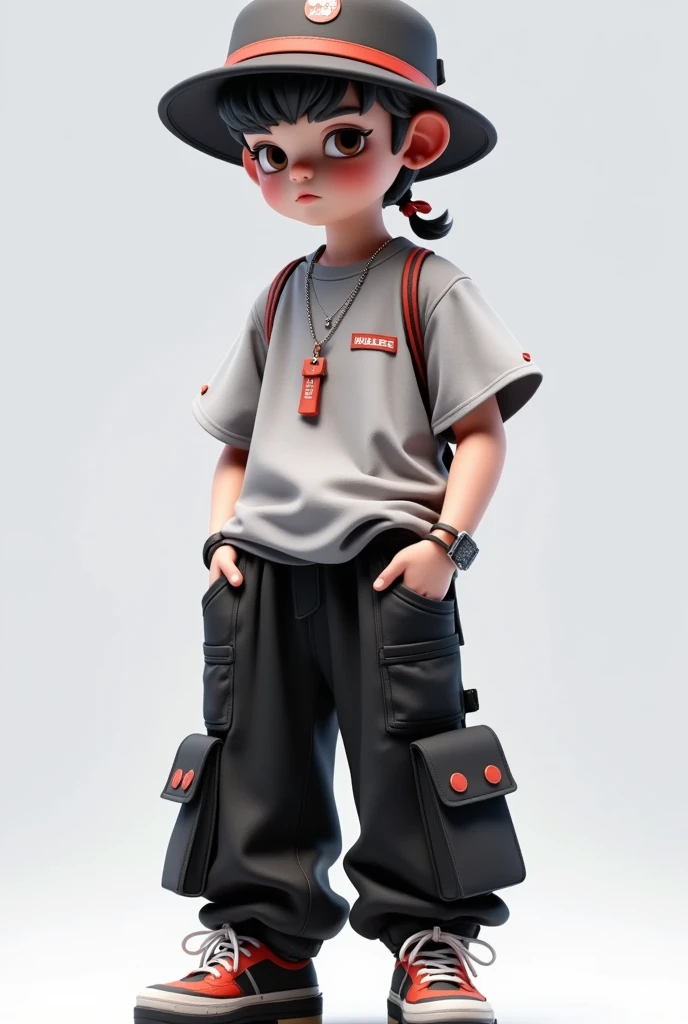 (masterpiece,  has the best quality:1.2), 1 Boy,Fashion，Dolls， loose clothing，Big pockets on pants，hat，Cute 3D ， model figure，cool，  unique，