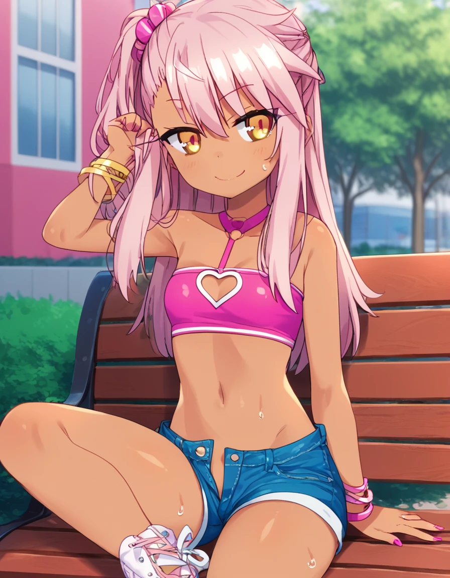 1girl,solo,smile,outdoor,midriff, pink tube top, tiny denim hotpants, open fly, beld, gyaru clothes, thighighs,sitting,bench, chloe,dark_skinned_female,dark_skin,long_hair,pink_hair,yellow_eyes,hair_between_eyes,white_hair,bangs,small_breasts,,half_updo,one_side_up, young girl, li, slender waist, nice hips, slutty loli, legs slightly spread, no panties, bedroom eyes, slutty, pussy peek, sweating, sweat, flushed face, lewd,