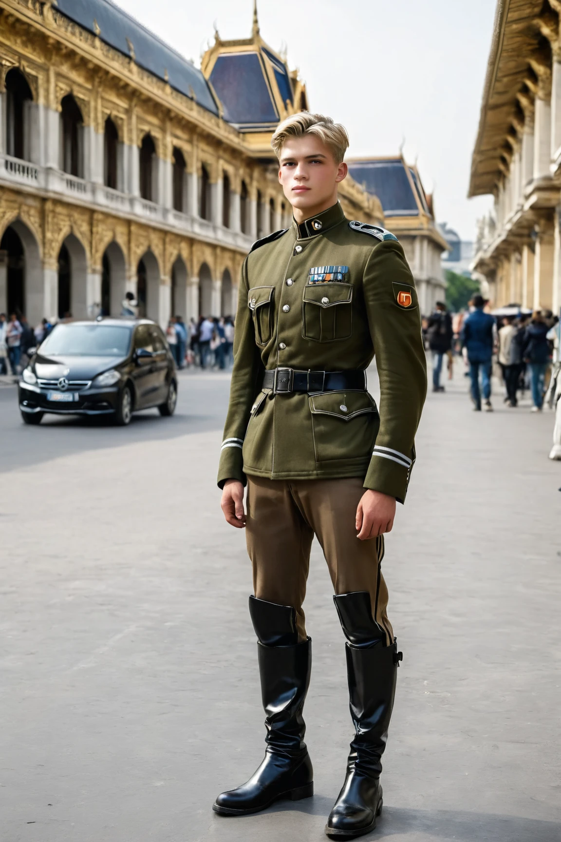 Full body picture of a young german soldier, 18 y/o, on parade in the city of Paris. Steel-helmet m/42, fully open military jacket showing his muscular chest, tight trousers with a huge bulge and high shiny black boots. He is blond, cute, muscular, handsome with a beautiful body and face. In the back ground you can se the grand palace.