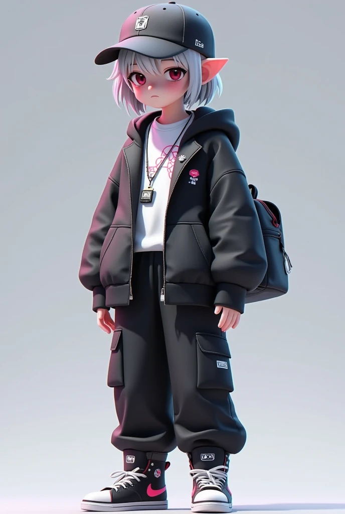 1girl,badge,bag,baseball cap,black headwear,chromatic aberration,closed mouth,clothes writing,full body,gradient,gradient background,grey background,hat,hoodie,jewelry,long sleeves,pointy ears,shadow,shirt,shoes,short hair,sneakers,solo,standing,sweater,tentacle hair