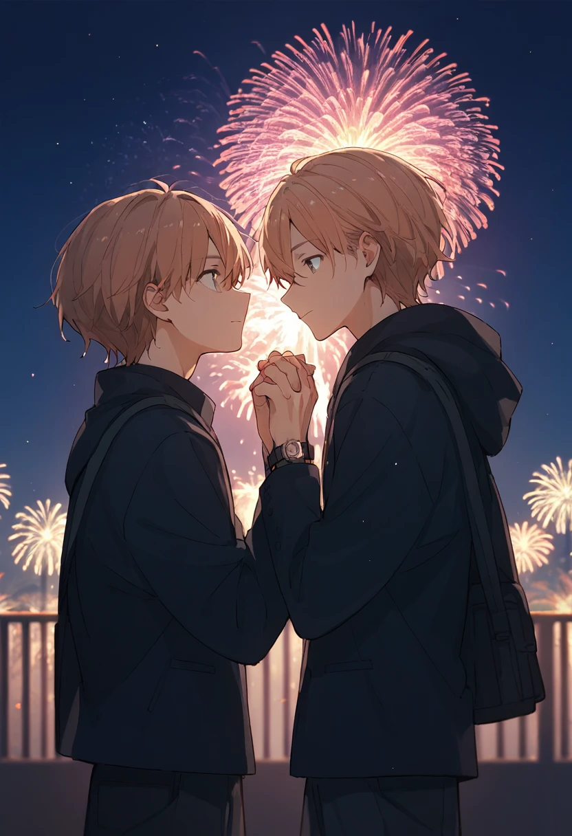 there are two men。Tall, blond, and dark-haired high school students  。 watch fireworks with two people holding hands。High quality anime illustration 。