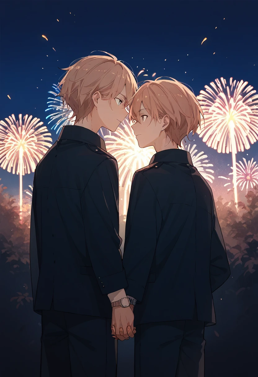 there are two men。Tall, blond, and dark-haired high school students  。 watch fireworks with two people holding hands。High quality anime illustration 。