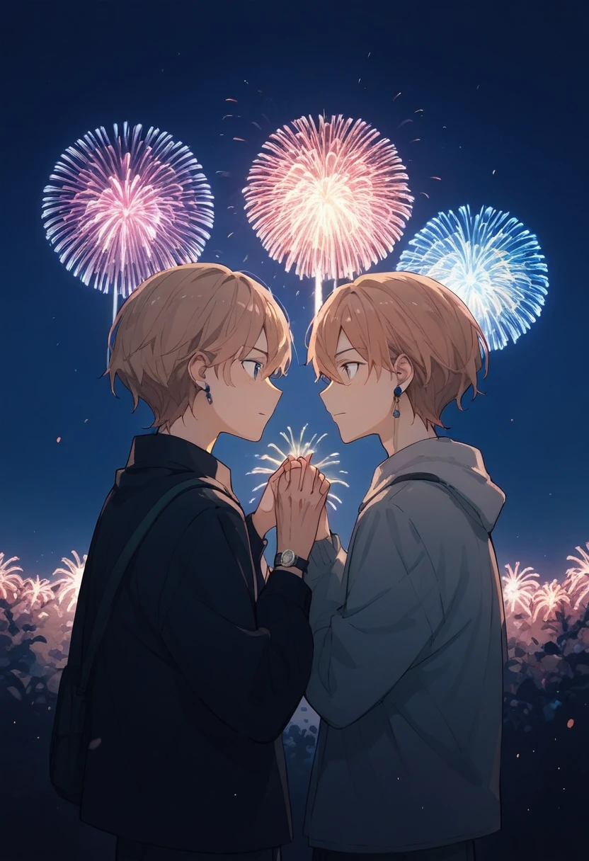 there are two men。Tall, blond, and dark-haired high school students  。 watch fireworks with two people holding hands。High quality anime illustration 。