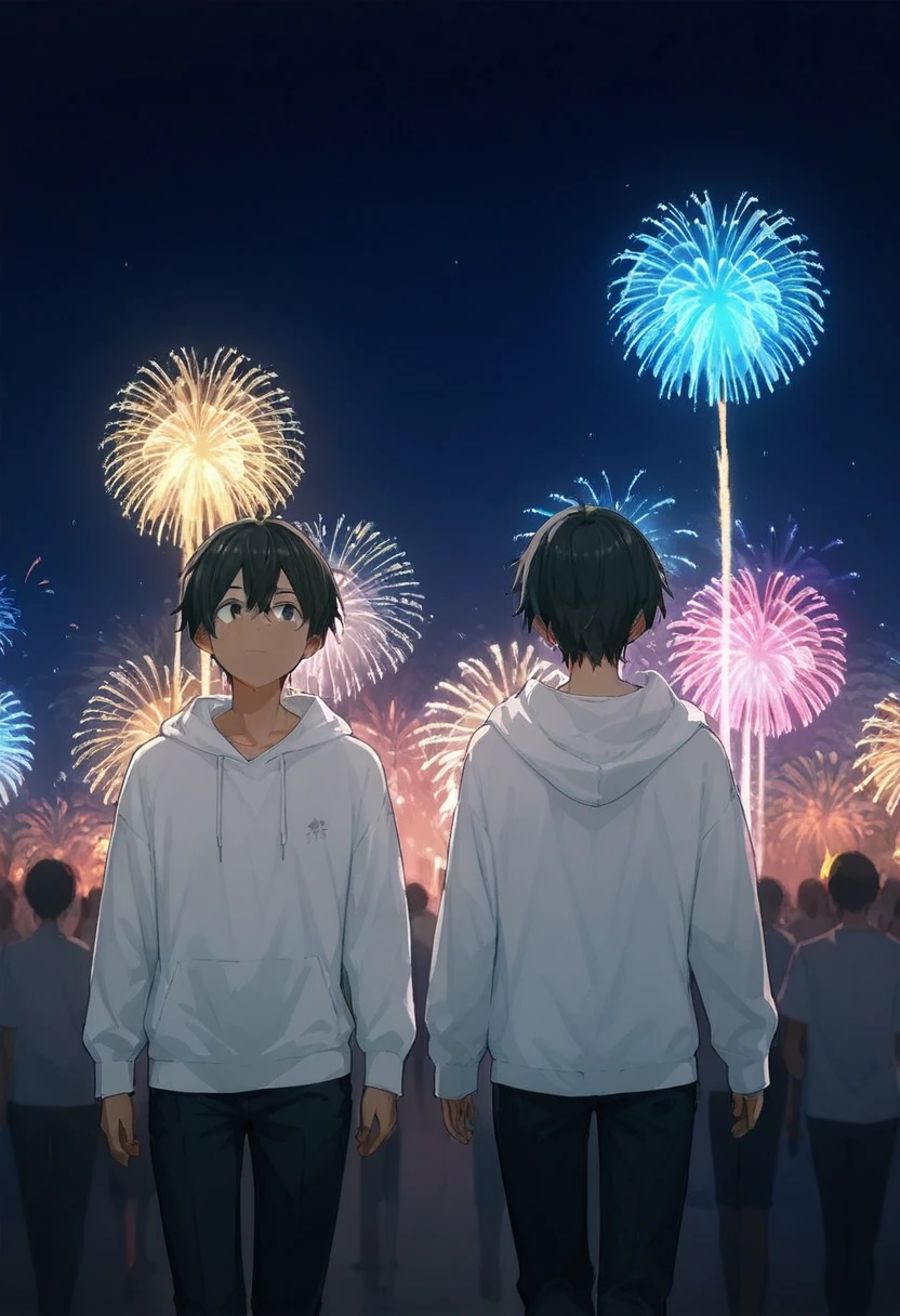  There are two men。 1 is tall and has blond hair 、 white shirt 。 the other one has dark hair 、Wearing hoodies 。The two seem to be having fun 。dating between guys。 and 2 people watch fireworks while walking。