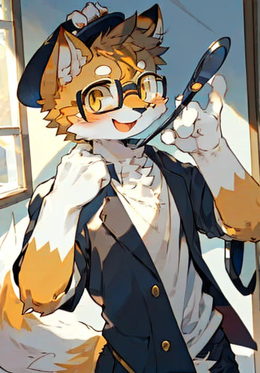 White male cat，boy，cute，Wearing glasses， Golden eyes ， white fur ，orange fur ，detective，身穿detective服，Holding a magnifying glass ，happy，Q version， detailed background 