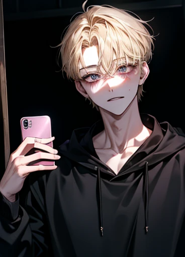 {room}、dark、dark、{Madness}、     long bangs 、、{   yandere}、歪んだsmile、{male}、  High image quality  、、しっかりしたeye 、  Above the upper body    、{smile}、{eye}、 Black Hoodie 、 Blonde 、Earphones、Smartphone in one hand、{depression}、Backstreets、Crazy、{  yandere}、bondage、every day、{adult}、{  yandere}、Introvert、Backstreets、About、{male}{male、Adult}、{ face}、{切れ長のeye}{adult}、dark、Bloody