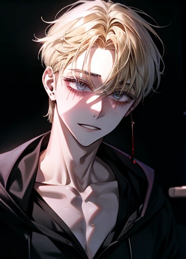 {room}、dark、dark、{Madness}、     long bangs 、、{   yandere}、歪んだsmile、{male}、  High image quality  、、しっかりしたeye 、  Above the upper body    、{smile}、{eye}、 Black Hoodie 、 Blonde 、Earphones、Smartphone in one hand、{depression}、Backstreets、Crazy、{  yandere}、bondage、every day、{adult}、{  yandere}、Introvert、Backstreets、About、{male}{male、Adult}、{ face}、{切れ長のeye}{adult}、dark、Bloody