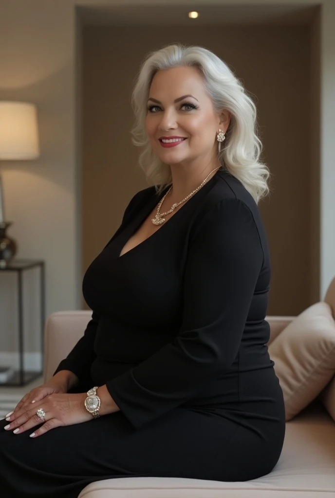 blonde woman with big breasts showing off her cleavage, seductive lady, sexy movie photo, revealing outfit, MILF, she is about 6 0 years old, revealing clothes, Mommy, she is about 50 years old, looking seductively in front, seductive appearance, Looking hot, flirtatious and intriguing, big breast size, she is around 7 0 years old