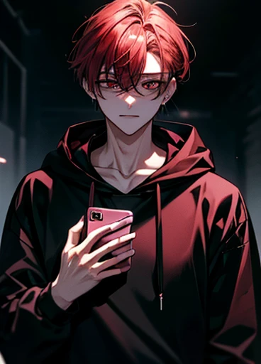 {room}、dark、dark、{Madness}、     long bangs 、、{   yandere}、歪んだsmile、{male}、  High image quality  、、しっかりしたeye 、  Above the upper body    、{smile}、{eye}、 Black Hoodie 、 Red Hair 、 red eyes、Bloody、Earphones、Smartphone in one hand、{depression}、Backstreets、Crazy、{  yandere}、bondage、every day、{adult}、{  yandere}、Introvert、Backstreets、About、{male}{male、Adult}、{ face}