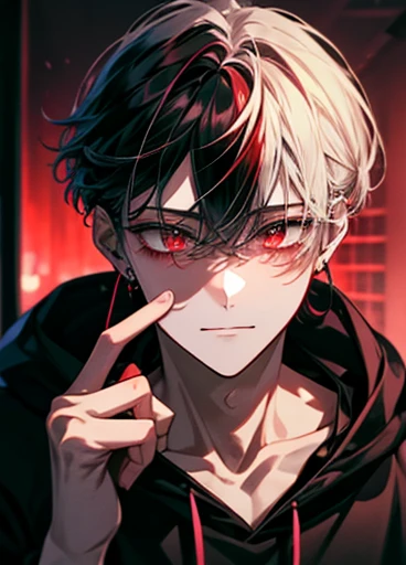 {room}、dark、dark、{Madness}、     long bangs 、、{   yandere}、歪んだsmile、{male}、  High image quality  、、しっかりしたeye 、  Above the upper body    、{smile}、{eye}、 Black Hoodie 、 Red Hair 、 red eyes、Bloody、Earphones、Smartphone in one hand、{depression}、Backstreets、Crazy、{  yandere}、bondage、every day、{adult}、{  yandere}、Introvert、Backstreets、About、{male}{male、Adult}、{ face}